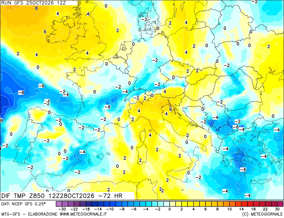 mappa Dif. Temp a 850 hPa Valid - Init
