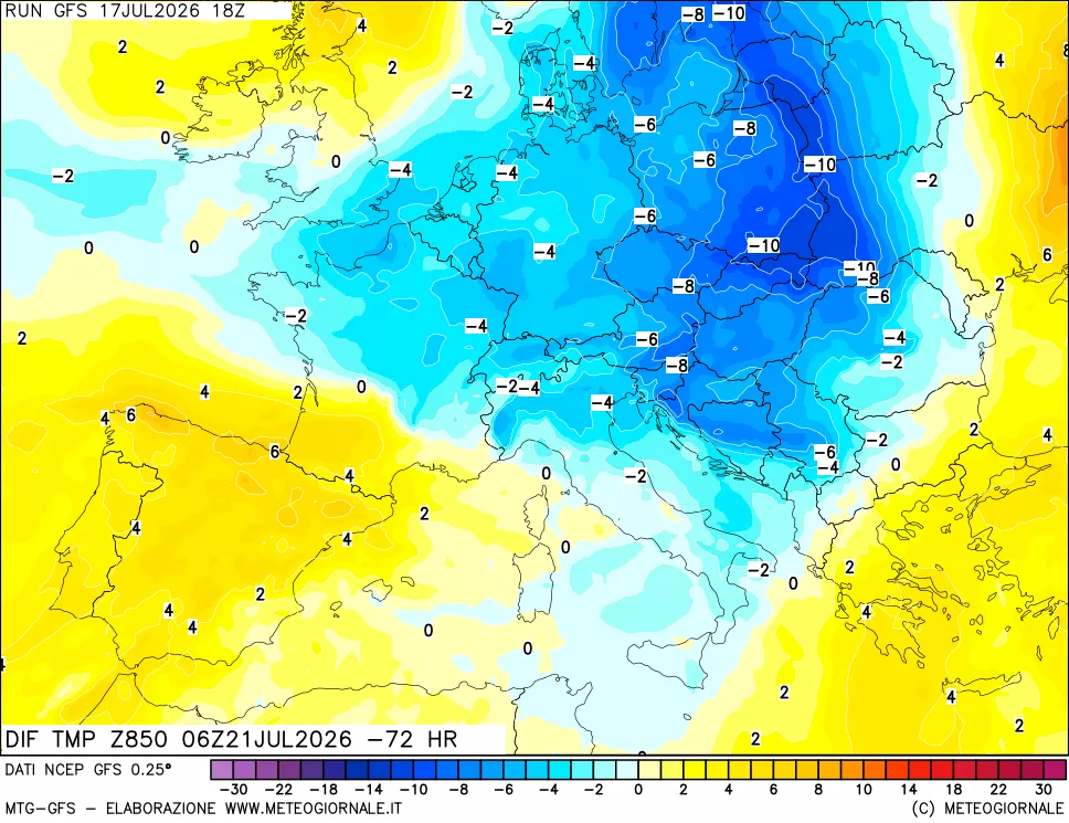 mappa Dif. Temp a 850 hPa Valid - Init