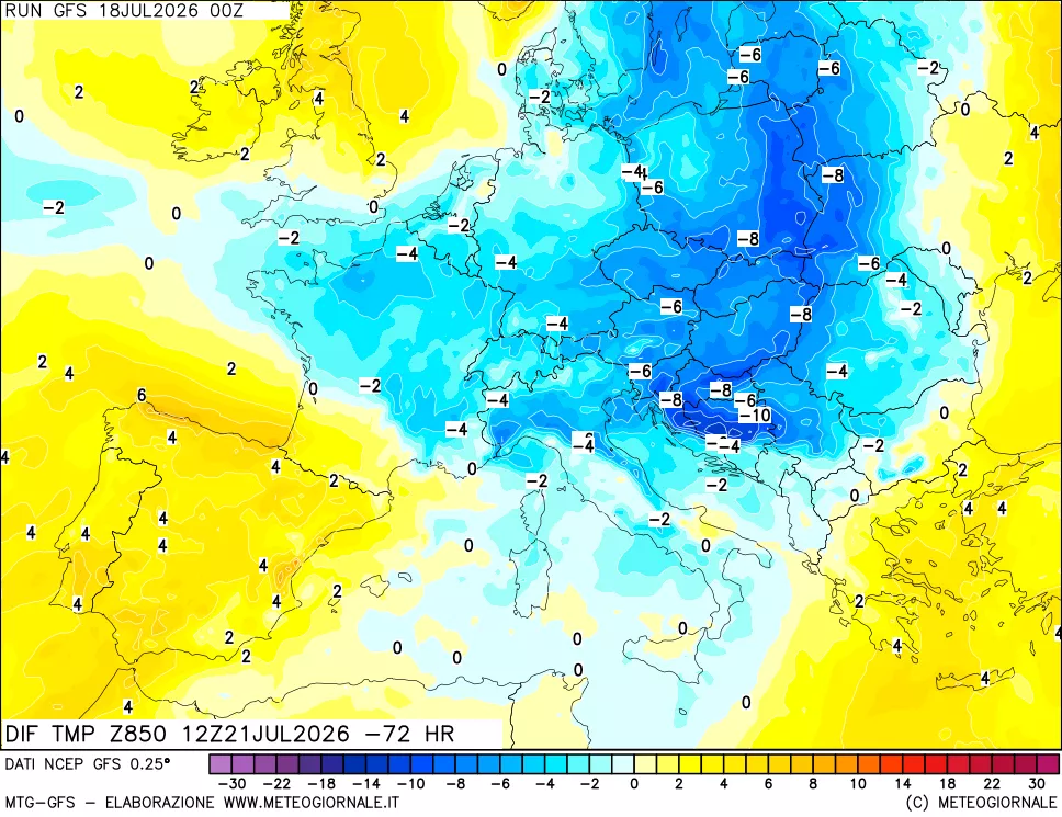 mappa Dif. Temp a 850 hPa Valid - Init