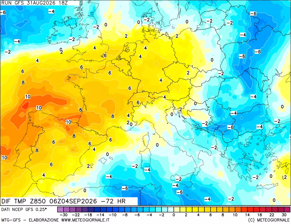 mappa Dif. Temp a 850 hPa Valid - Init
