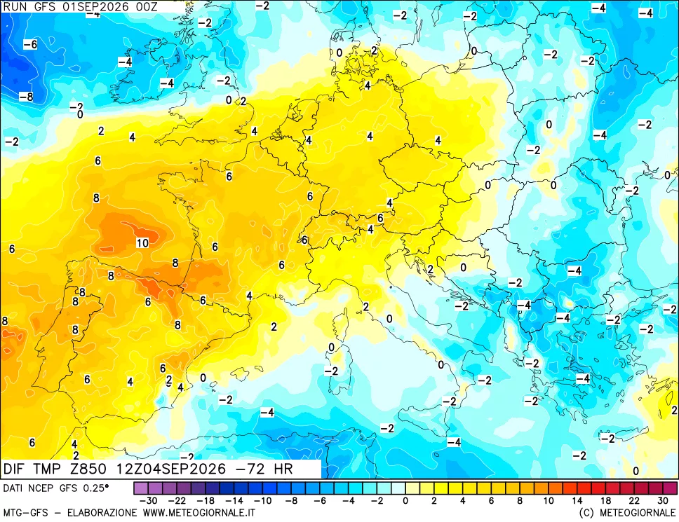 mappa Dif. Temp a 850 hPa Valid - Init