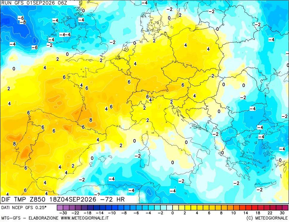 mappa Dif. Temp a 850 hPa Valid - Init