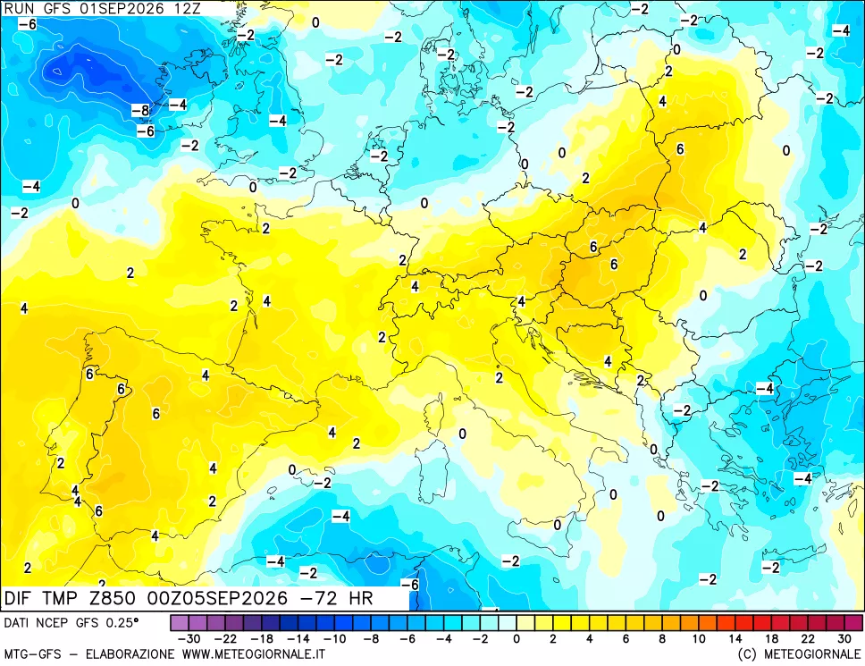 mappa Dif. Temp a 850 hPa Valid - Init