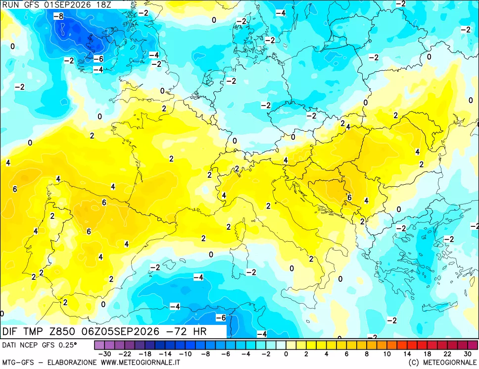 mappa Dif. Temp a 850 hPa Valid - Init