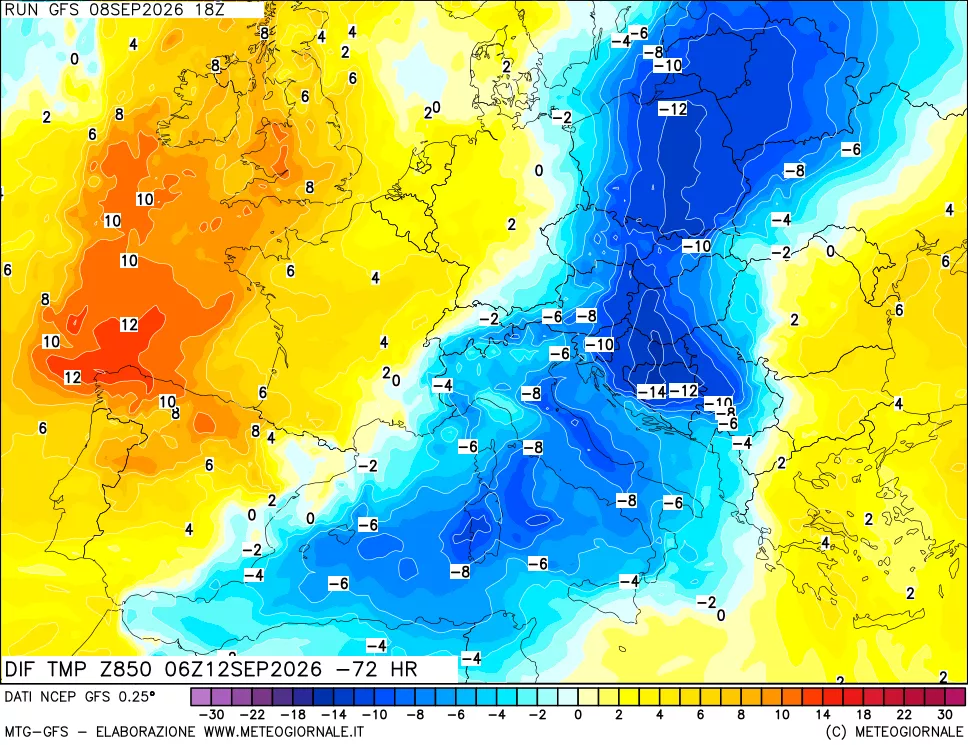 mappa Dif. Temp a 850 hPa Valid - Init