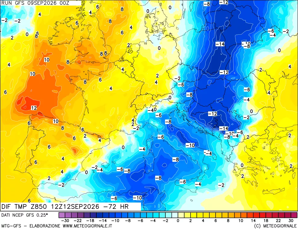 mappa Dif. Temp a 850 hPa Valid - Init