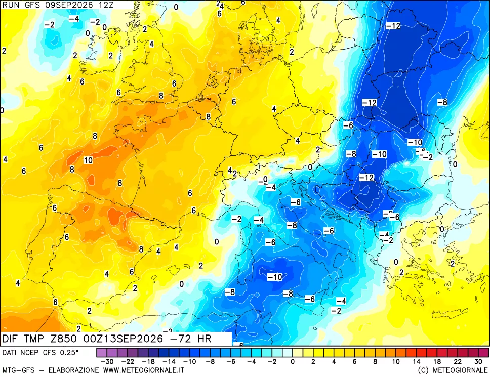 mappa Dif. Temp a 850 hPa Valid - Init