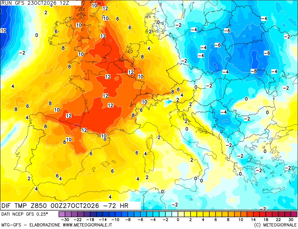 mappa Dif. Temp a 850 hPa Valid - Init