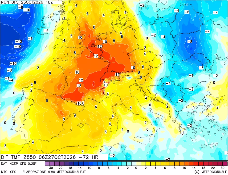 mappa Dif. Temp a 850 hPa Valid - Init