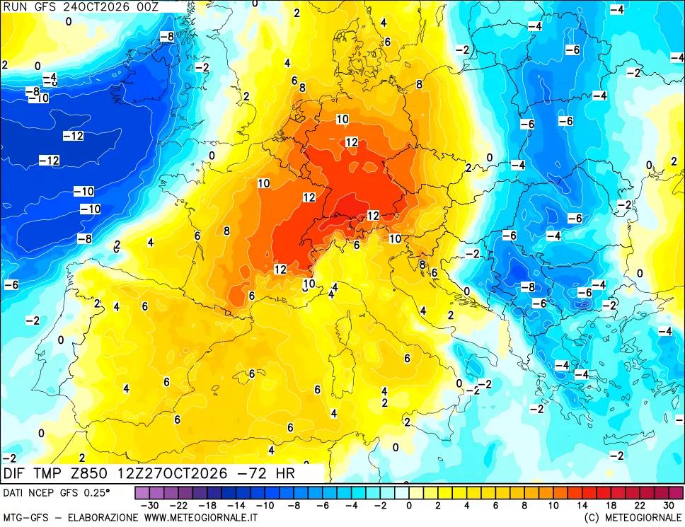 mappa Dif. Temp a 850 hPa Valid - Init