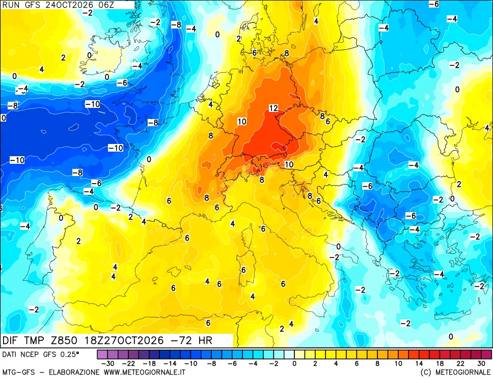 mappa Dif. Temp a 850 hPa Valid - Init