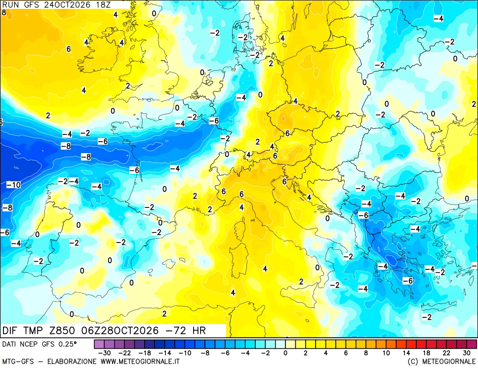 mappa Dif. Temp a 850 hPa Valid - Init