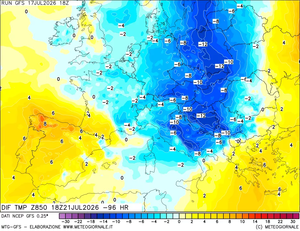 mappa Dif. Temp a 850 hPa Valid - Init