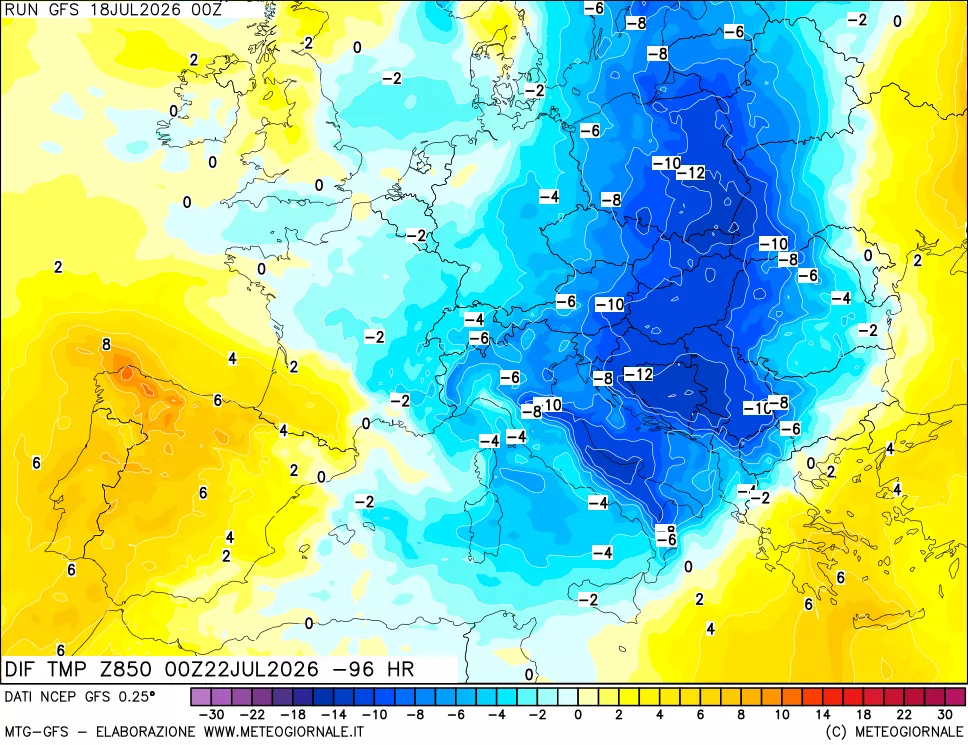 mappa Dif. Temp a 850 hPa Valid - Init