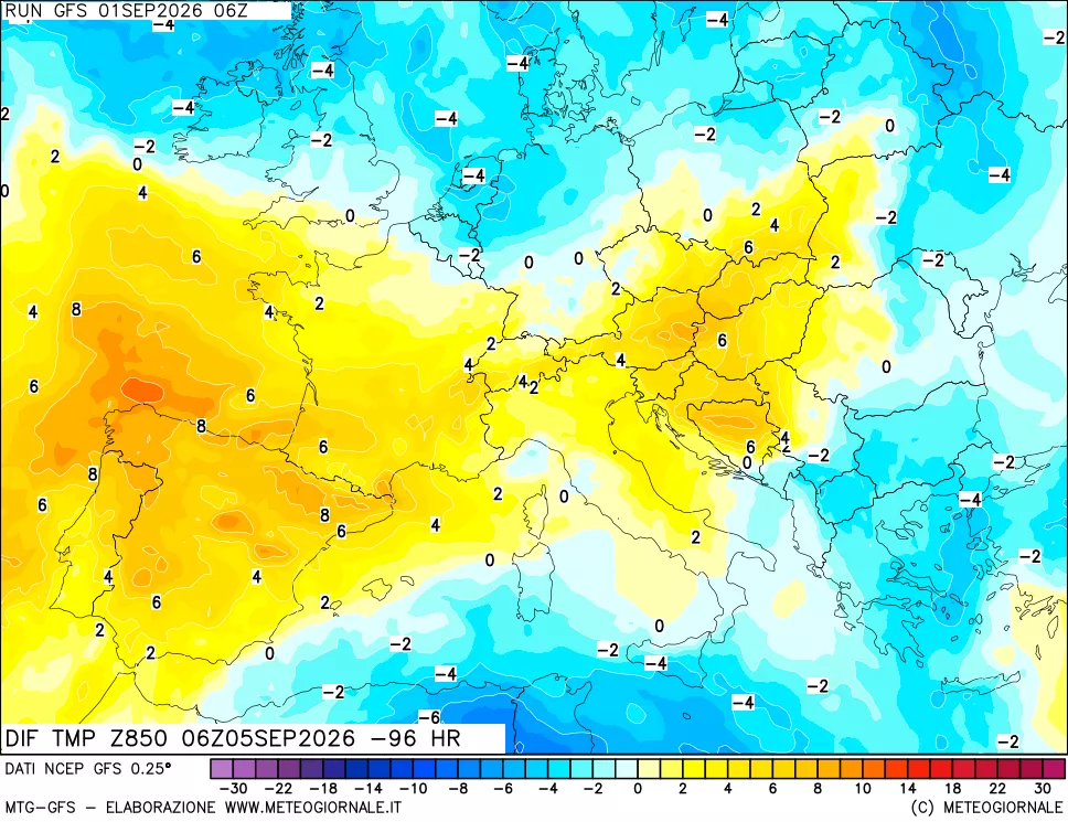 mappa Dif. Temp a 850 hPa Valid - Init
