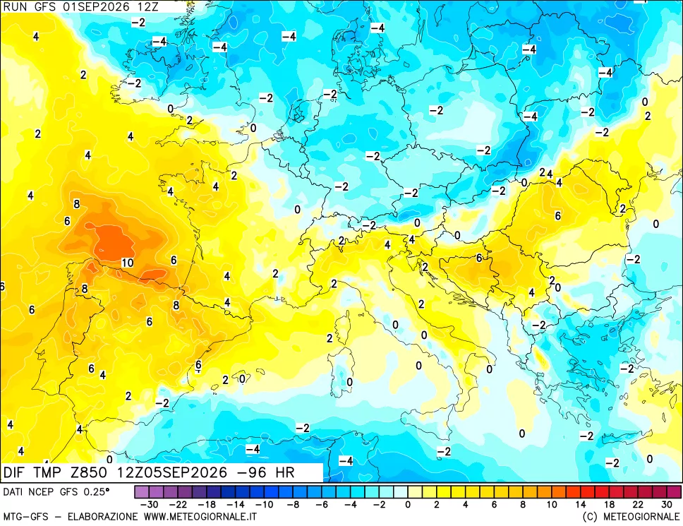 mappa Dif. Temp a 850 hPa Valid - Init