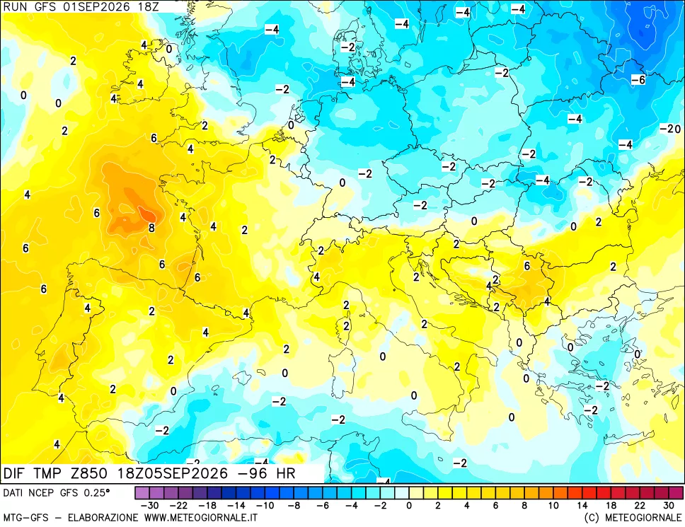mappa Dif. Temp a 850 hPa Valid - Init
