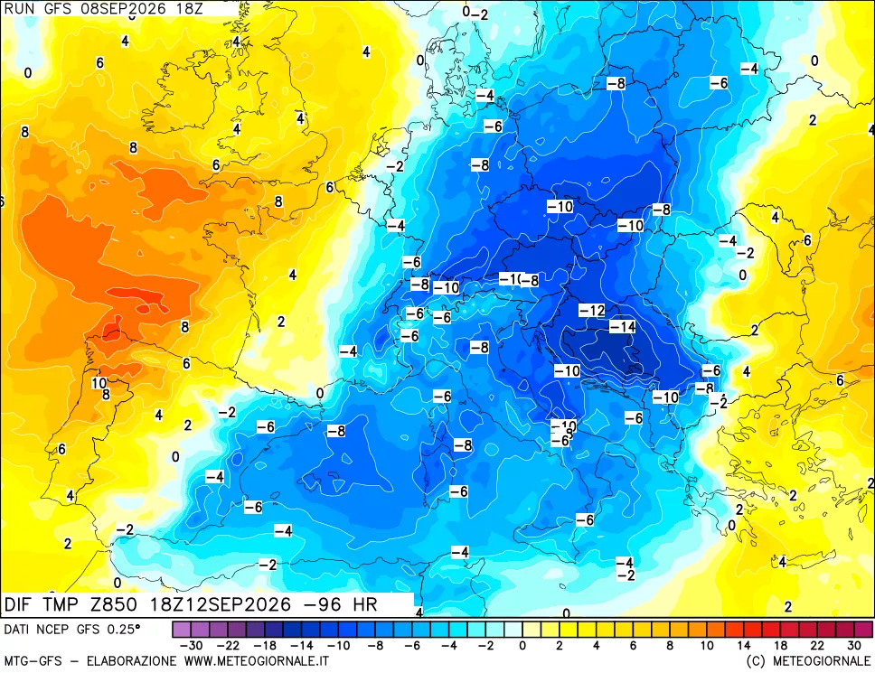 mappa Dif. Temp a 850 hPa Valid - Init