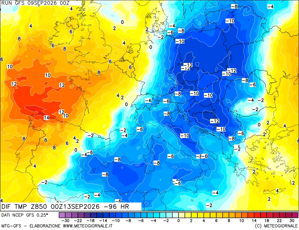 mappa Dif. Temp a 850 hPa Valid - Init