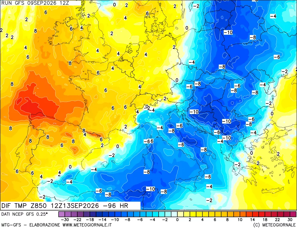 mappa Dif. Temp a 850 hPa Valid - Init