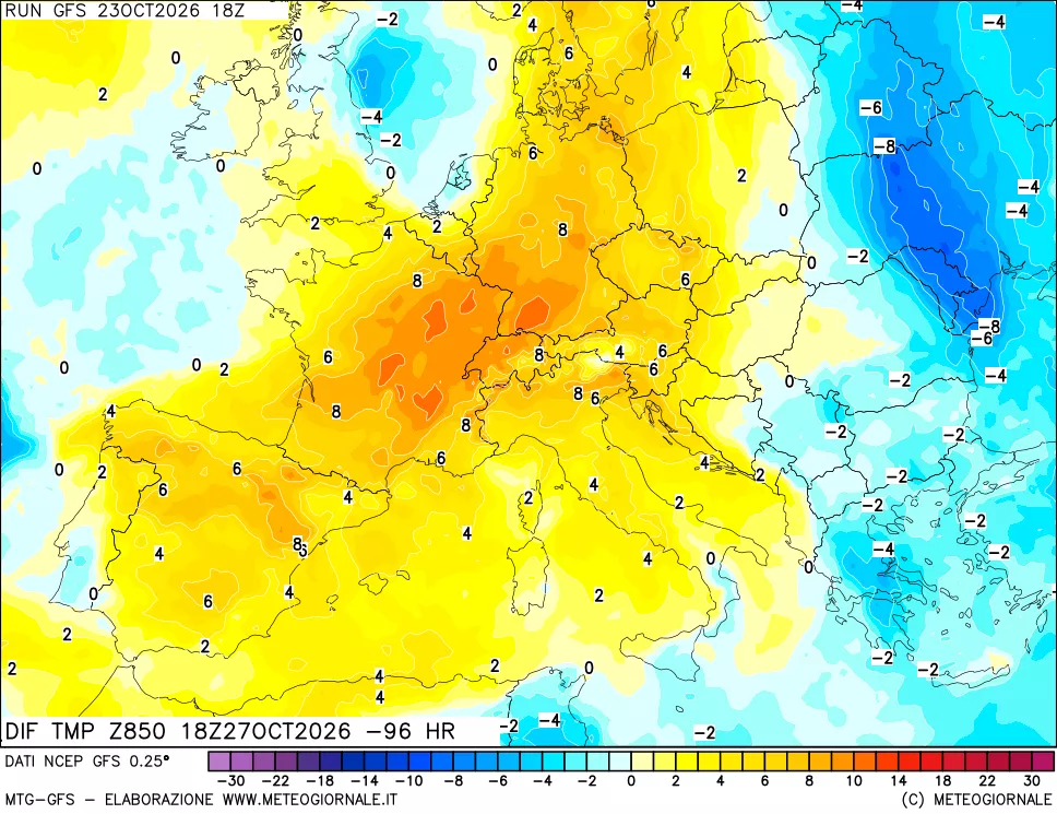 mappa Dif. Temp a 850 hPa Valid - Init