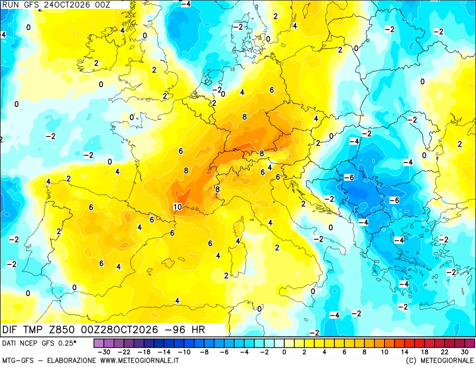 mappa Dif. Temp a 850 hPa Valid - Init