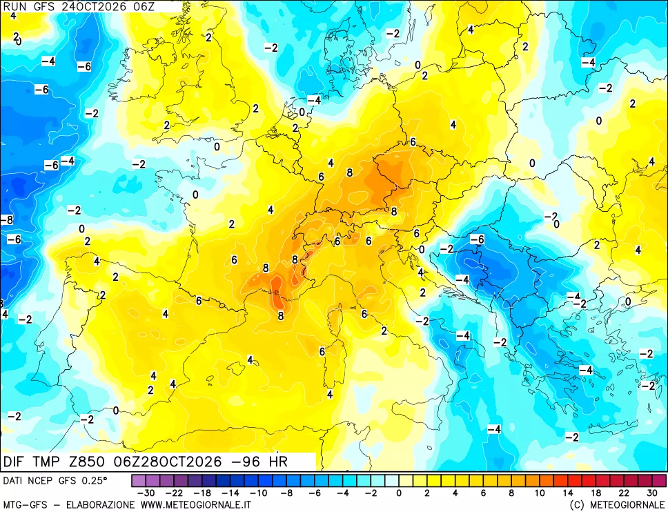 mappa Dif. Temp a 850 hPa Valid - Init