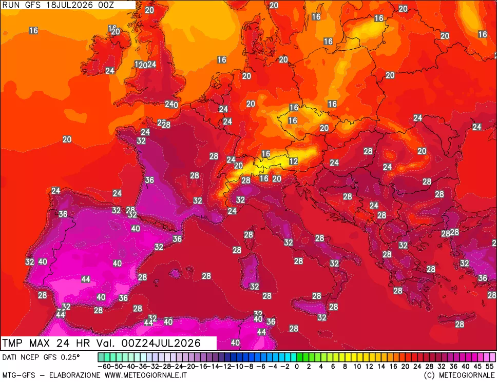 mappa Temperatura massima 24 ore