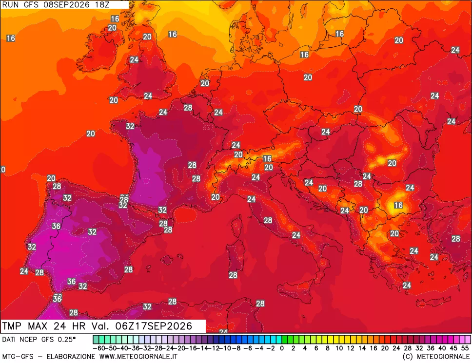 mappa Temperatura massima 24 ore
