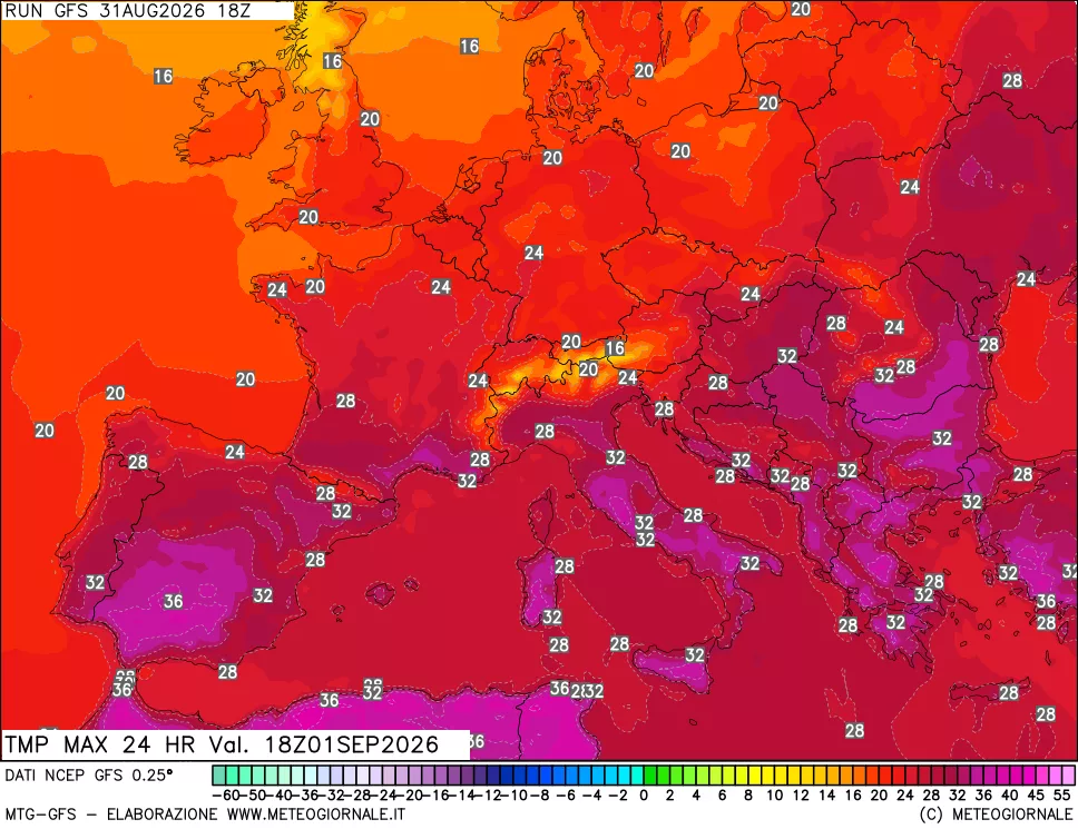 mappa Temperatura massima 24 ore