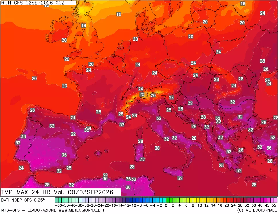 mappa Temperatura massima 24 ore