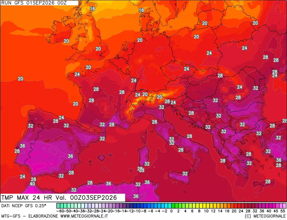 mappa Temperatura massima 24 ore