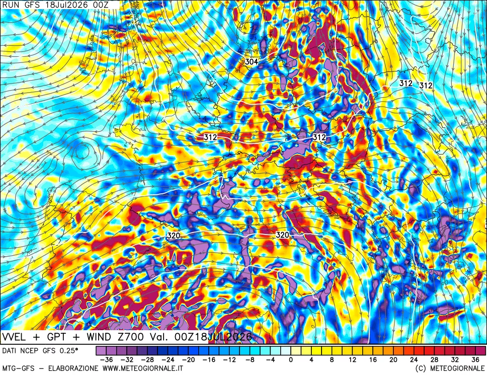 mappa 700 hPa Velocità verticiali + GPT + Vento