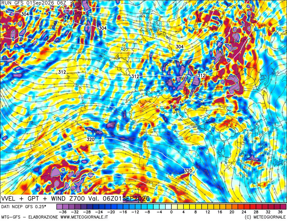 mappa 700 hPa Velocità verticiali + GPT + Vento