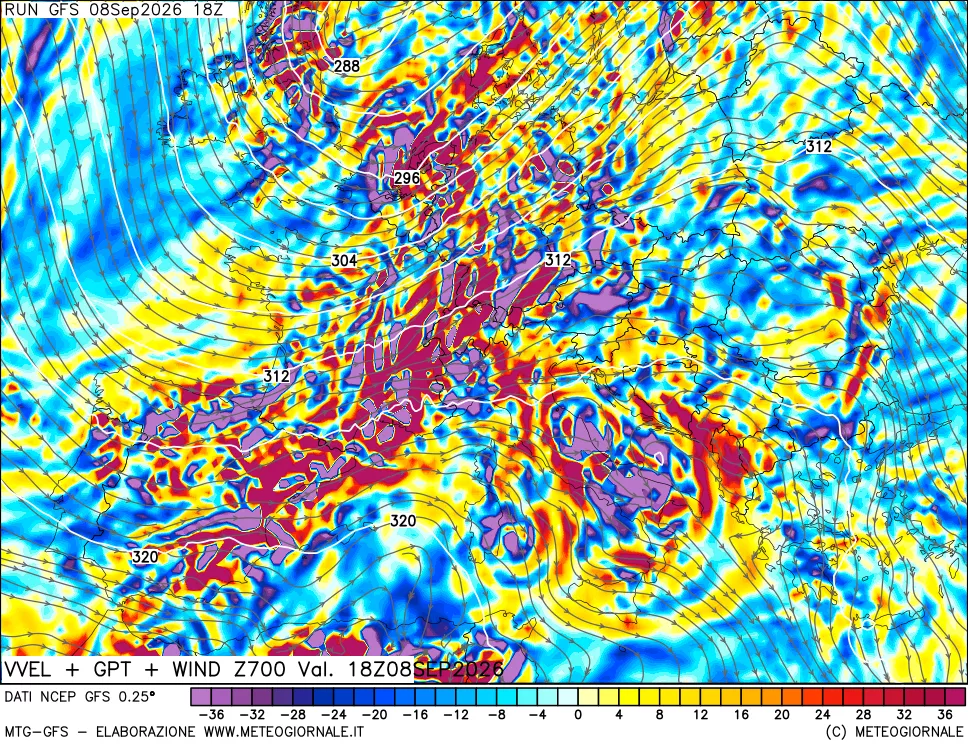 mappa 700 hPa Velocità verticiali + GPT + Vento