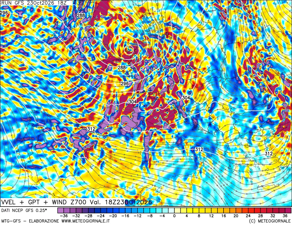 mappa 700 hPa Velocità verticiali + GPT + Vento