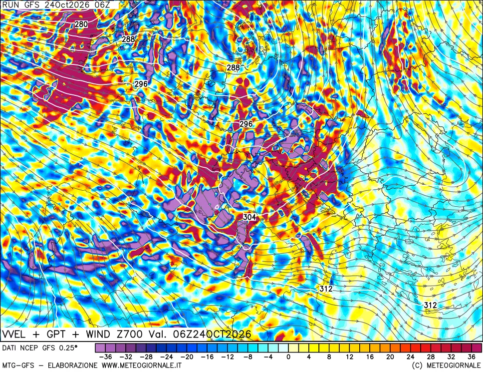 mappa 700 hPa Velocità verticiali + GPT + Vento