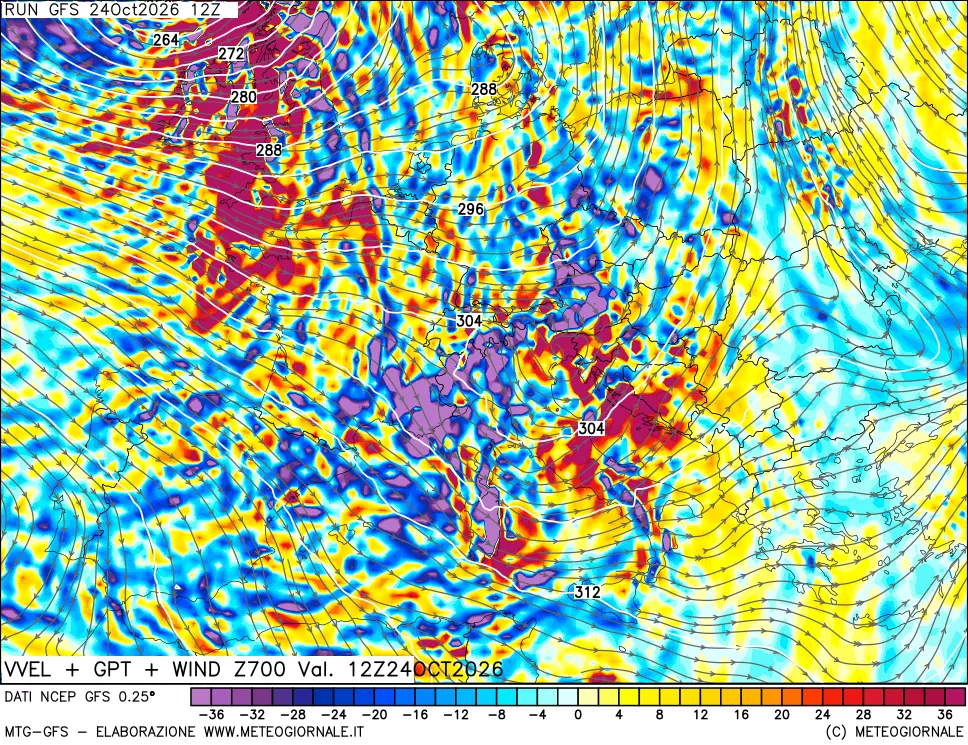 mappa 700 hPa Velocità verticiali + GPT + Vento