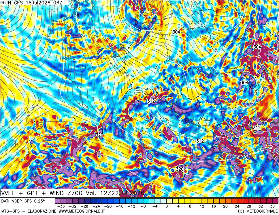 mappa 700 hPa Velocità verticiali + GPT + Vento