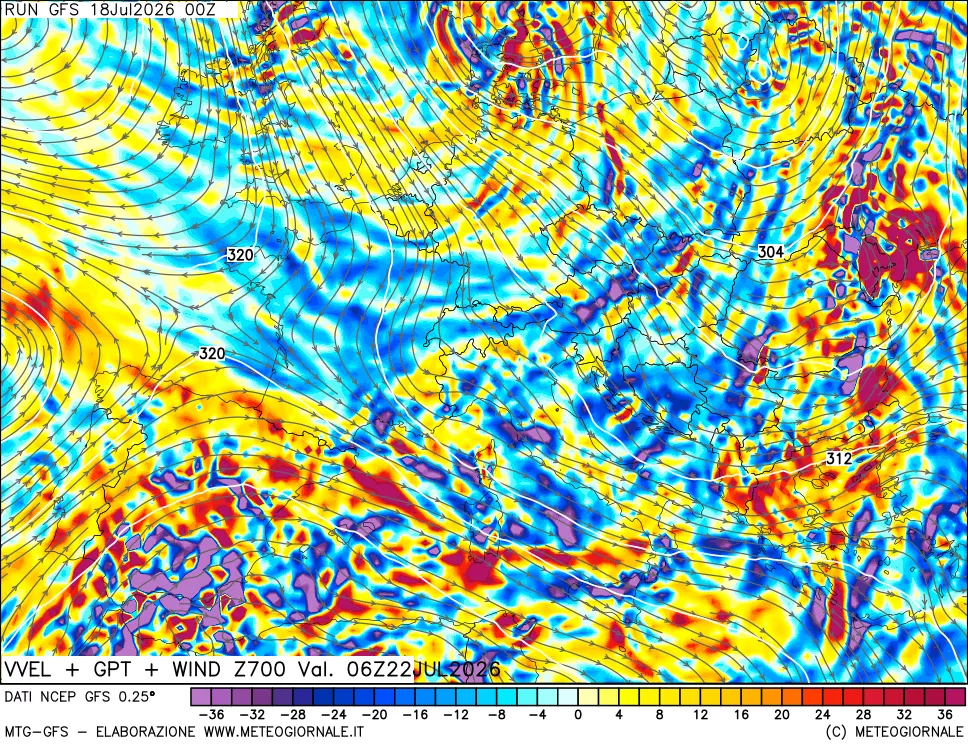 mappa 700 hPa Velocità verticiali + GPT + Vento