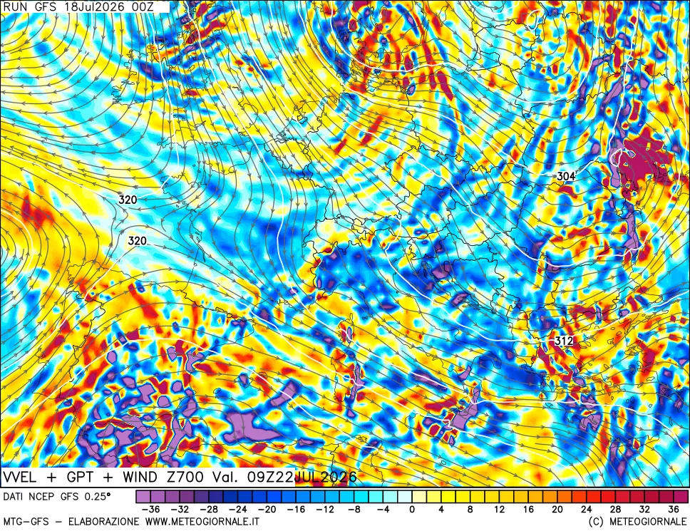 mappa 700 hPa Velocità verticiali + GPT + Vento