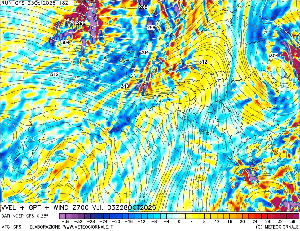 mappa 700 hPa Velocità verticiali + GPT + Vento