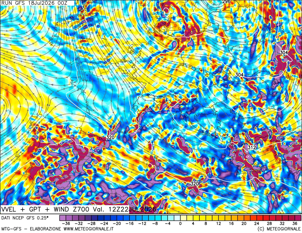 mappa 700 hPa Velocità verticiali + GPT + Vento