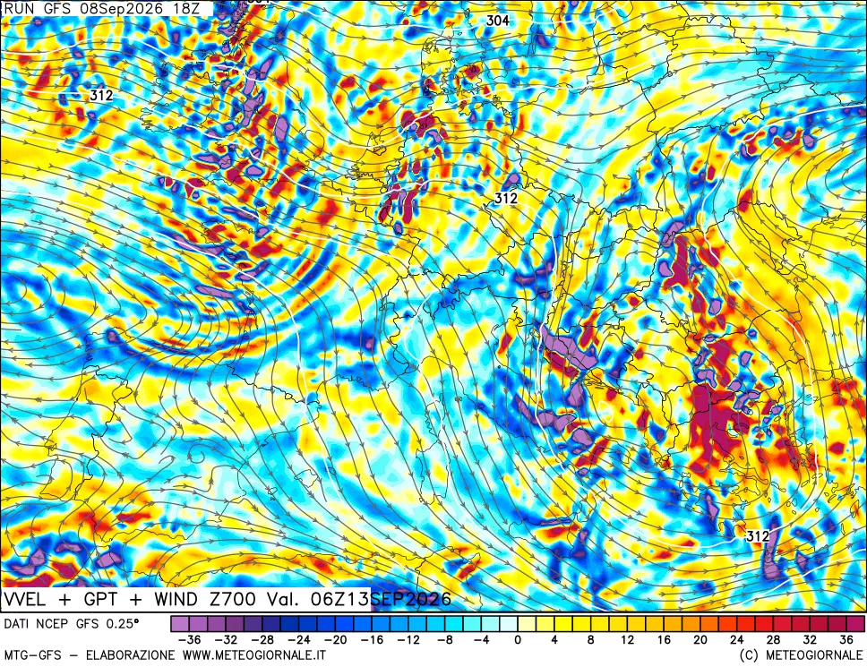 mappa 700 hPa Velocità verticiali + GPT + Vento