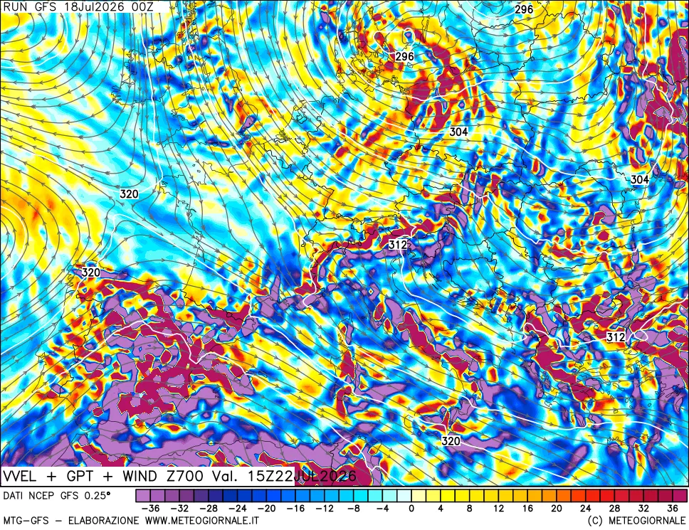 mappa 700 hPa Velocità verticiali + GPT + Vento
