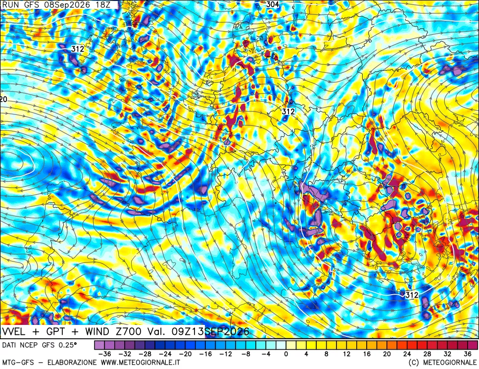 mappa 700 hPa Velocità verticiali + GPT + Vento