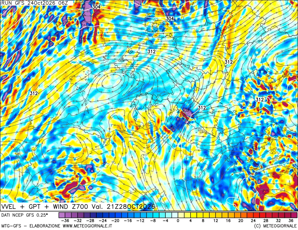 mappa 700 hPa Velocità verticiali + GPT + Vento