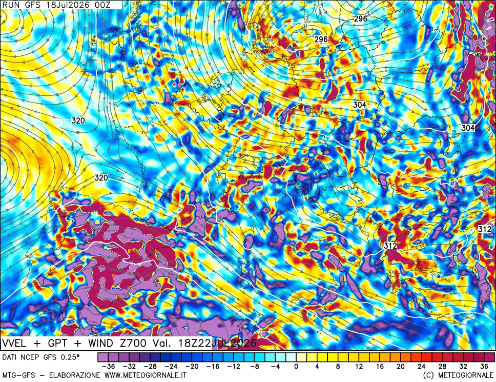 mappa 700 hPa Velocità verticiali + GPT + Vento