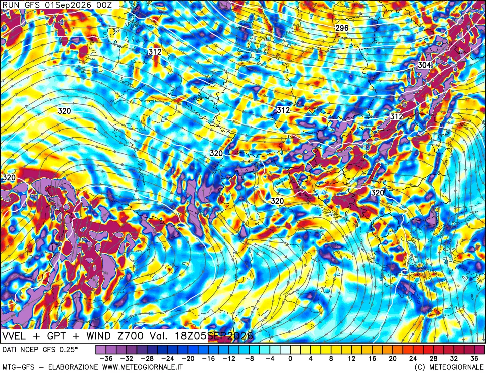 mappa 700 hPa Velocità verticiali + GPT + Vento