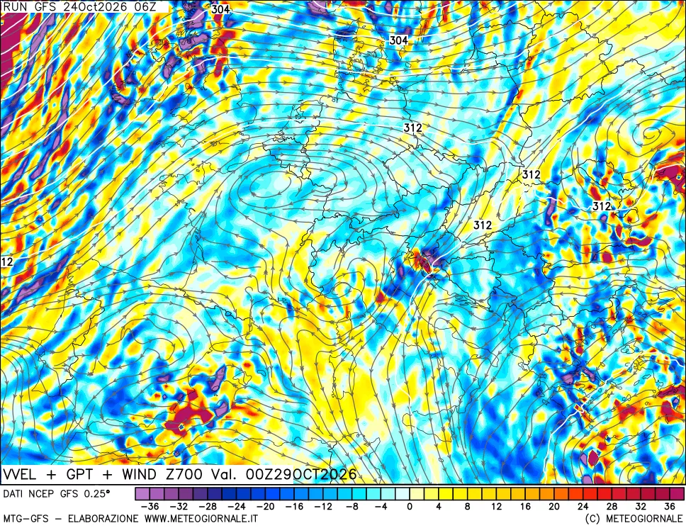 mappa 700 hPa Velocità verticiali + GPT + Vento